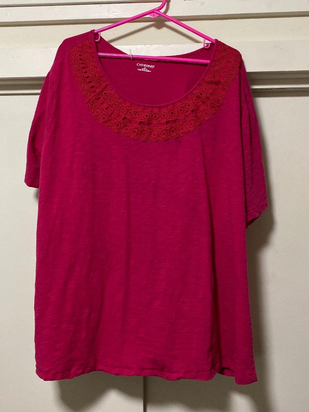 Catherines' short sleeve, red/pink tunic w/laced neckline, size 4X